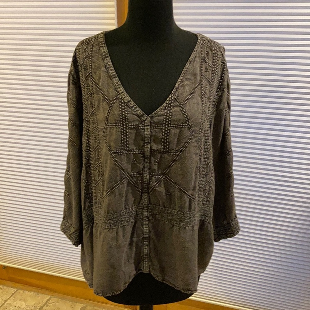 Womens Charcoal Embroidered V-Neck Top